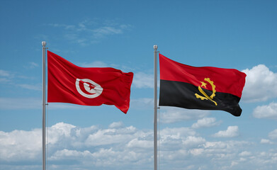 Tunisia and Angola national flags, country relationship concept