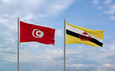 Brunei and Tunisia flags, country relationship concepts