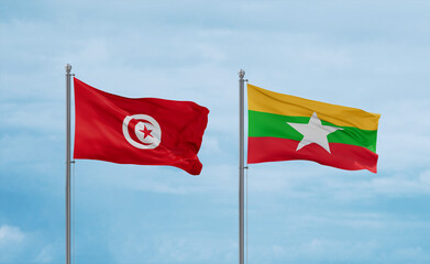 Myanmar and Tunisia flags, country relationship concept