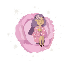 Vector illustration of a cute fairy in pink flowers. Suitable for printing posters, stickers, cards and much more
