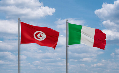 Italy and Tunisia flags, country relationship concept