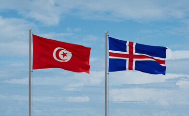Iceland and Tunisia flags, country relationship concept