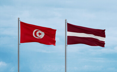 Latvia and Tunisia flags, country relationship concept