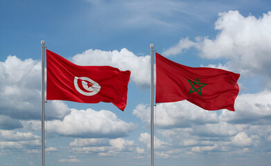 Morocco and Tunisia flags, country relationship concept