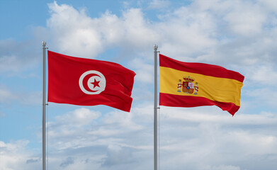 Spain and Tunisia flags, country relationship concept
