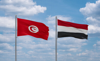 Yemen and Tunisia flags, country relationship concept