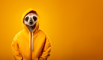 Funny looking meerkat or desert mongoose wearing sport sweatshirt hoodie. Wide banner with copy space on side. Generative AI - obrazy, fototapety, plakaty