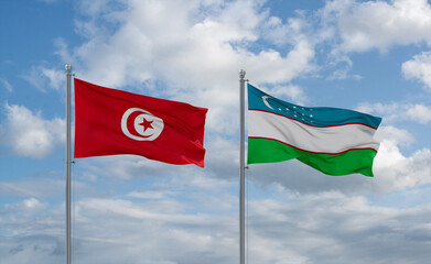 Uzbekistan and Tunisia flags, country relationship concept
