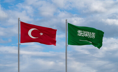 Turkey and Saudi Arabia flags, country relationship concepts