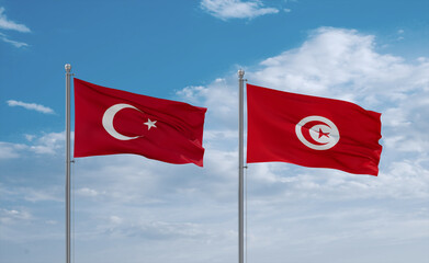 Tunisia and Turkey flags, country relationship concept