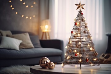 New year living room interior with grey sofa and pillows, window and handmade christmas tree made of wire decorated with glowing garland, balls, star on table closeup. Zero waste, eco friendly