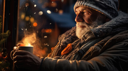 Fototapeta na wymiar An old man drinks a hot tea in winter