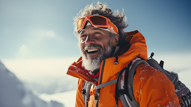 A man with a beard and snow goggles on a peak