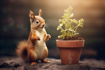 small brown squirrel standing next to a plant - Powered by Adobe