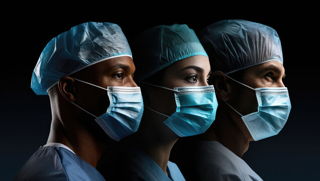 Side view profile portrait of three surgeons wearing face masks