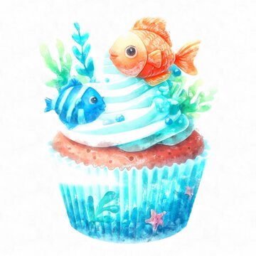 cupcake with fish painted in watercolor