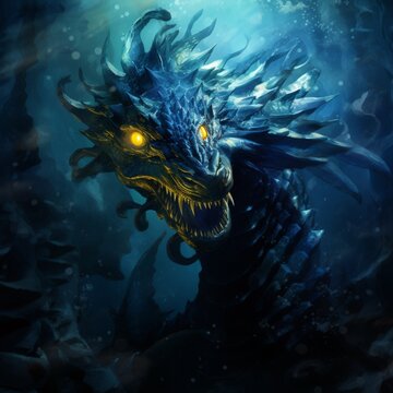 Deep ocean underwater swimming dragon animal illustration image AI generated art