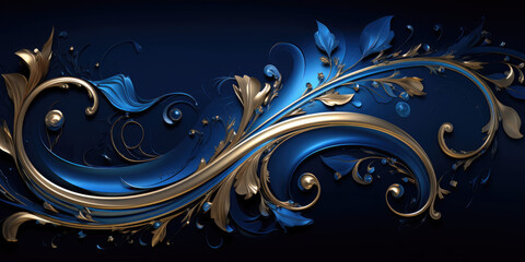 Captivating Design of Elegant Metallic Arabesques on Deep Blue Satin - Shimmering Elegance