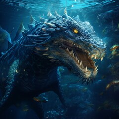 Deep ocean underwater swimming dragon animal illustration picture AI generated art