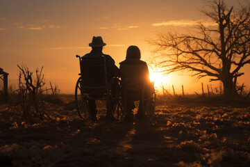 Old grandmother and grandfather, grandparents, grandma amd grandpa on a wheelchair look at sunset. pensioners retirees senor and senorita happy sad old age. - obrazy, fototapety, plakaty