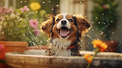A dog bathes in the garden