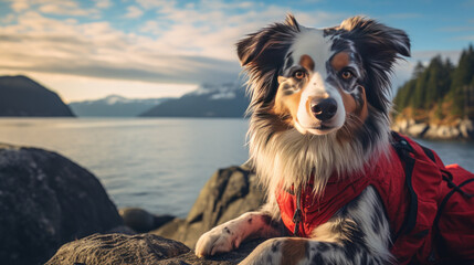 A dog with a red vest in nature in the background, a large lake with mountains