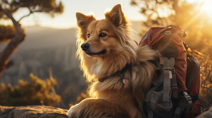 A pretty dog with a backpack in nature