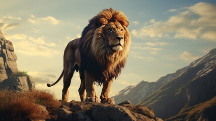 lion standing at the peak of mountain