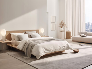 Fototapeta na wymiar Modern Relaxation: Platform Bed with Crisp White Linens