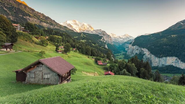 View from Wengen mountain village and Lauterbrunnen valley with Jungfrau mountain in the evening at Bern, Switzerland