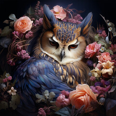 a fairy tale detailed fable owl sleeps among flowers and foliage, poetic 3d illustration of a nocturnal bird, blue feathers. Artistic baroque decoration, romantic fairytale poster on wildlife dream © Andrea Marongiu