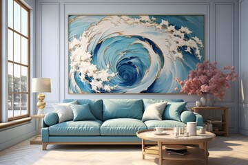 Living room interior with blue sofa, coffee table and wall painting. 3d render