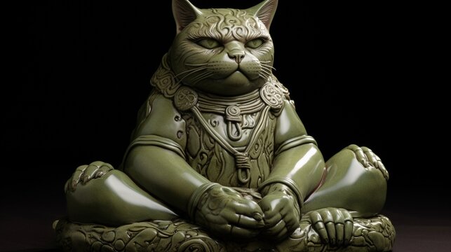 Gary steinborn buddha cat ceramic matte olive green picture AI generated art