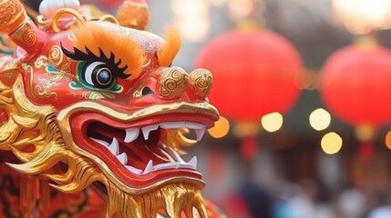 Obraz premium Close up of Chinese Dragon Head performing its traditional dragon dance festival. Chinese New Year celebration 2024..