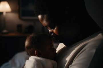 An african american dad taking care of a baby. An infant cradled in father's arms, loving moment of connection with a serene bedroom with a calming atmosphere background. 