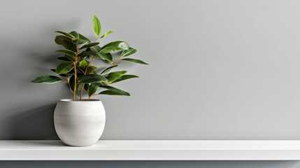 Petite plante dans un pot sur une étagère. Fond et mur blanc. Mock-up. Arrière-plan pour conception et création graphique.