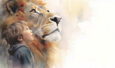 The Strength of Protection: Lion of Judah, Child, and Christ.  Religion Art Watercolor.  - obrazy, fototapety, plakaty