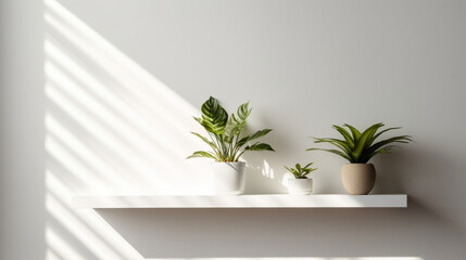 Petites plantes dans un pot sur une étagère. Fond et mur blanc. Mock-up. Arrière-plan pour conception et création graphique.