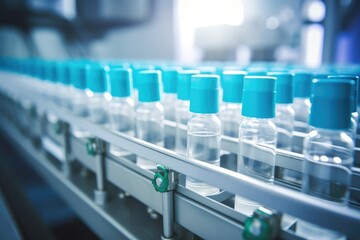 A pharmaceutical product packaging on a conveyor belt, with a focus on quality control and labeling, a production process.