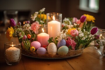 Fototapeta na wymiar Easter-themed decorations placed at table with candles, eggs, fresh flowers. Table set.