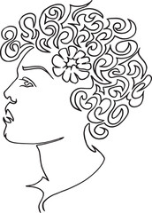 Woman Line Art lineart Minimalist Logo. Nature Organic Cosmetics Makeup. Flower head Feminine Illustration line drawing. Woman face with flowers line vector