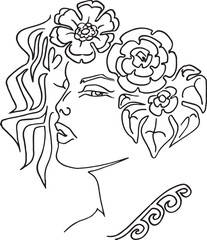 Woman Line Art lineart Minimalist Logo. Nature Organic Cosmetics Makeup. Flower head Feminine Illustration line drawing. Woman face with flowers line vector
