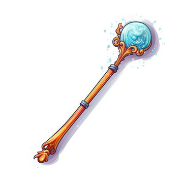 Cartoon illustration of a magical and enchanted sceptre isolated on white 