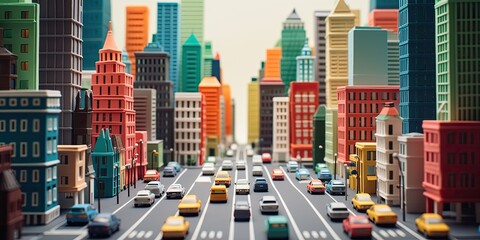 City street with skyscrapers made from plasticine 3d