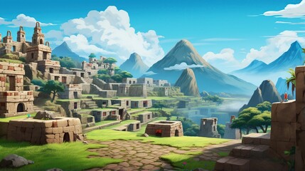 ancient Inca city in 3D cartoon empty background - obrazy, fototapety, plakaty