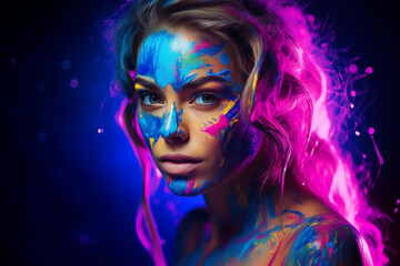 Fototapeta premium UV fluorescent paint beautifully illuminates a young lady's face under the blacklight