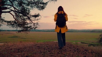Woman with tourist backpack walks alone through forest to field at sunset