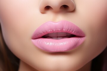 Fototapeta premium Sexy pink lips close up. Beautiful Perfect Makeup. Macro. Beautiful pink Lip Gloss. Advertising. Cosmetic.Mouth open, big lips.