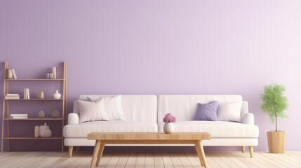 Fototapeta na wymiar modern living room with pastel lilac wall, leather sofa, and table. stylish Interior. generative ai