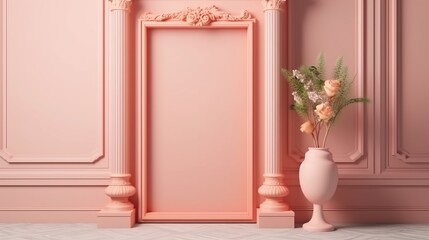 Frame mockup on the wall painted on pink colour. Vertical frame mockup close up on wall painted pastel pink color. Decor concept. Real estate concept.